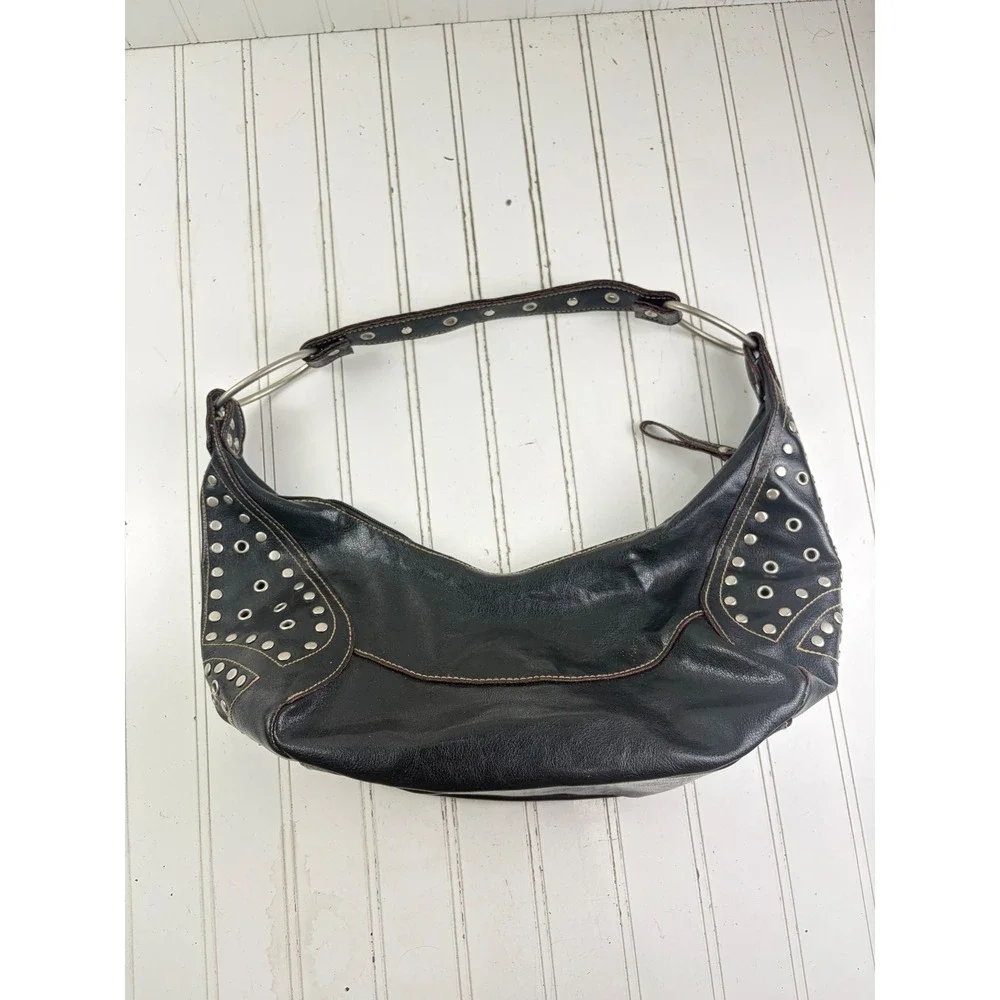 Vintage Y2K Black Leather Studded Punk Edgy Grunge Hobo Shoulder Bag